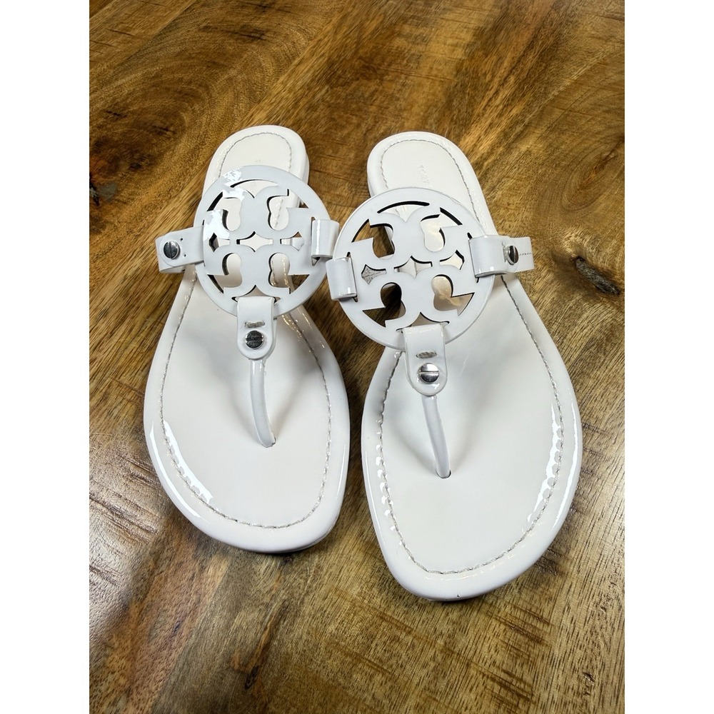 Tory Burch Miller Sandals Women 7.5 Optic White Patent Leather Double T Logo